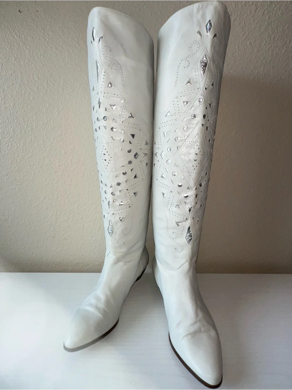 Vintage Caporicci White Western Knee High Boots Game Day Festival Bride Bridal 8